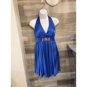 Charlotte Russe 4 royal blue open back halter strap pleated party dress with rhi